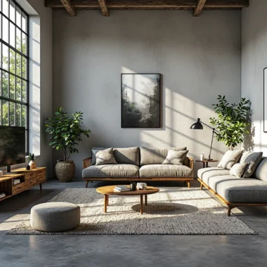 Zestaw wypoczynkowy szary z drewnianą ramą i stolikiem kawowym