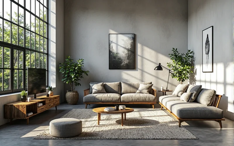 Zestaw wypoczynkowy szary z drewnianą ramą i stolikiem kawowym