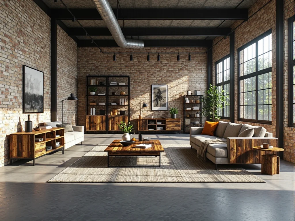 Industrialne meble z drewna postarzanego na metalowych stelażach