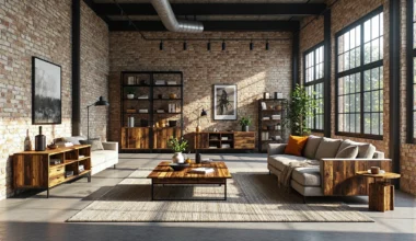 Industrialne meble z drewna postarzanego na metalowych stelażach