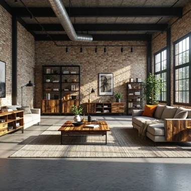 Industrialne meble z drewna postarzanego na metalowych stelażach