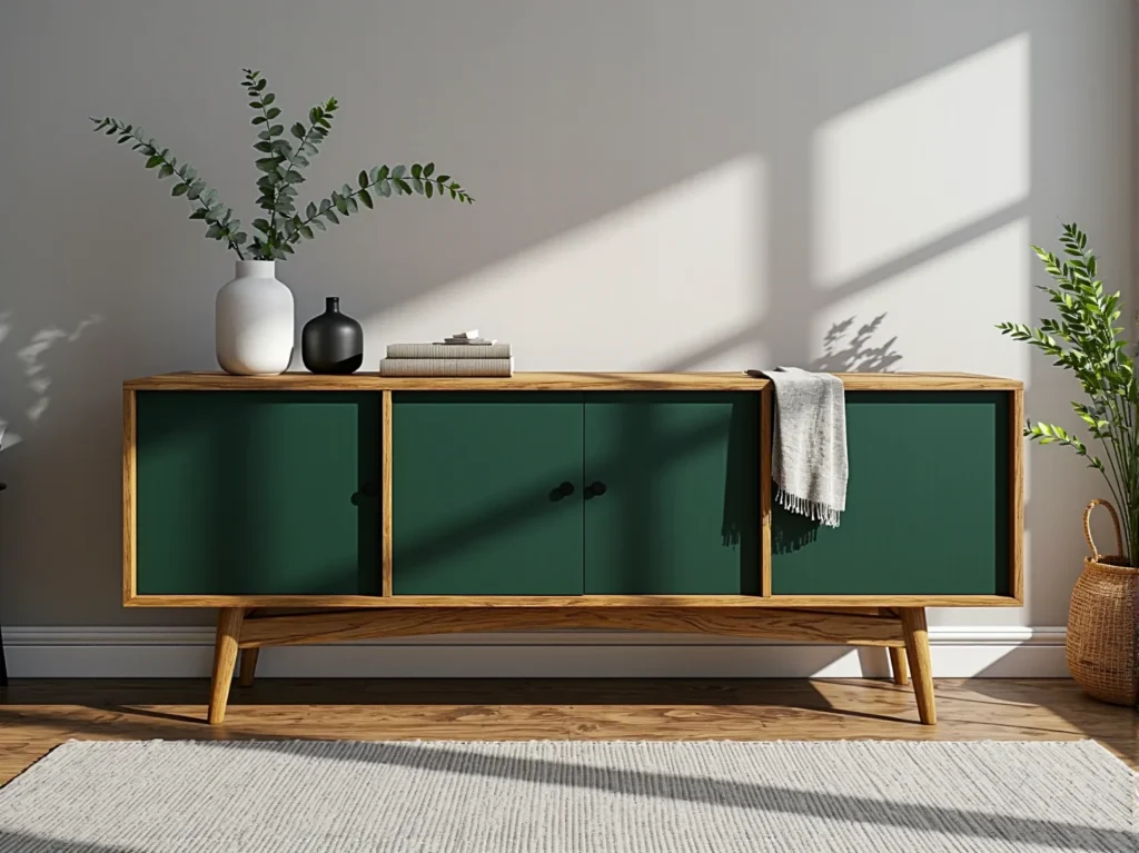 Niska komoda dębowa z zielonymi frontami na skośnych nóżkach