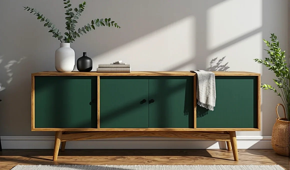 Niska komoda dębowa z zielonymi frontami na skośnych nóżkach