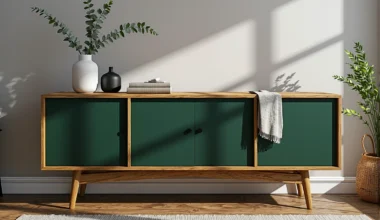 Niska komoda dębowa z zielonymi frontami na skośnych nóżkach