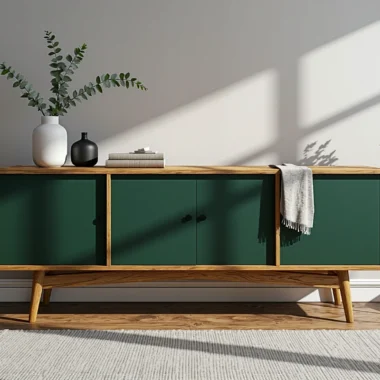 Niska komoda dębowa z zielonymi frontami na skośnych nóżkach