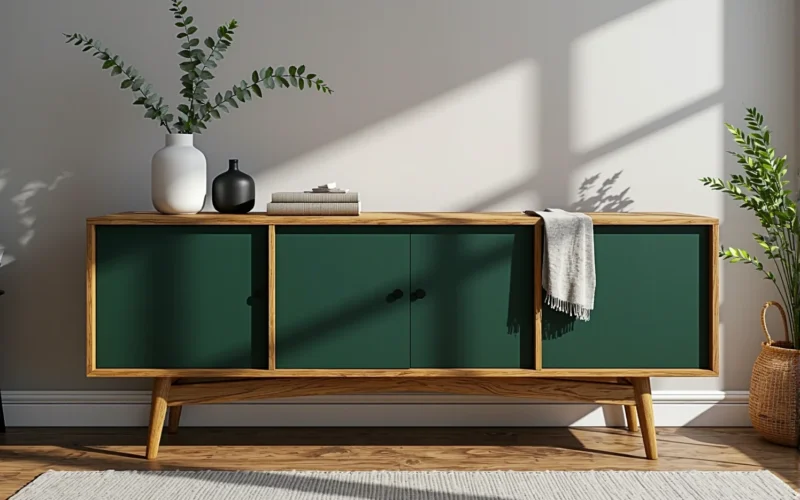 Niska komoda dębowa z zielonymi frontami na skośnych nóżkach