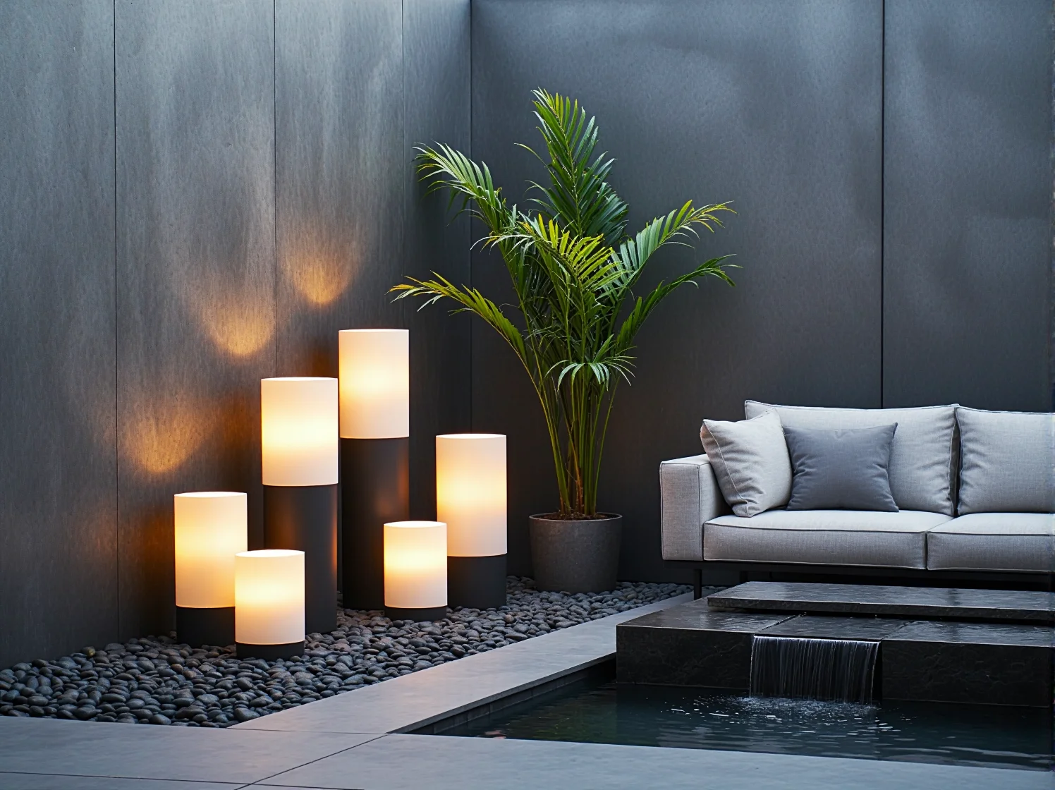 Subtelne oświetlenie punktowe roślin w nowoczesnym ogrodzie, minimalistyczne reflektory ogrodowe.