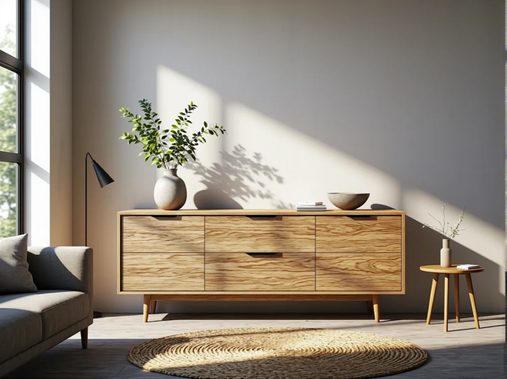 Minimalistyczna komoda dębowa z szufladami na drewnianych nóżkach