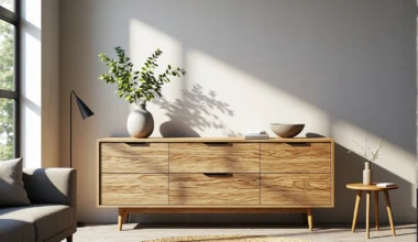 Minimalistyczna komoda dębowa z szufladami na drewnianych nóżkach