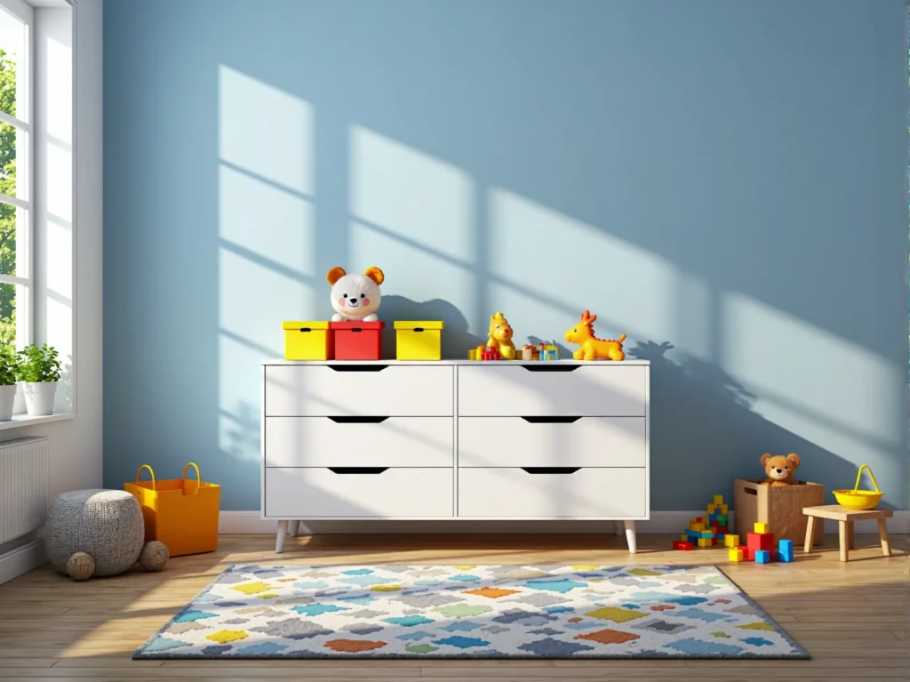 Biała komoda dziecięca z sześcioma szufladami na drewnianych nóżkach