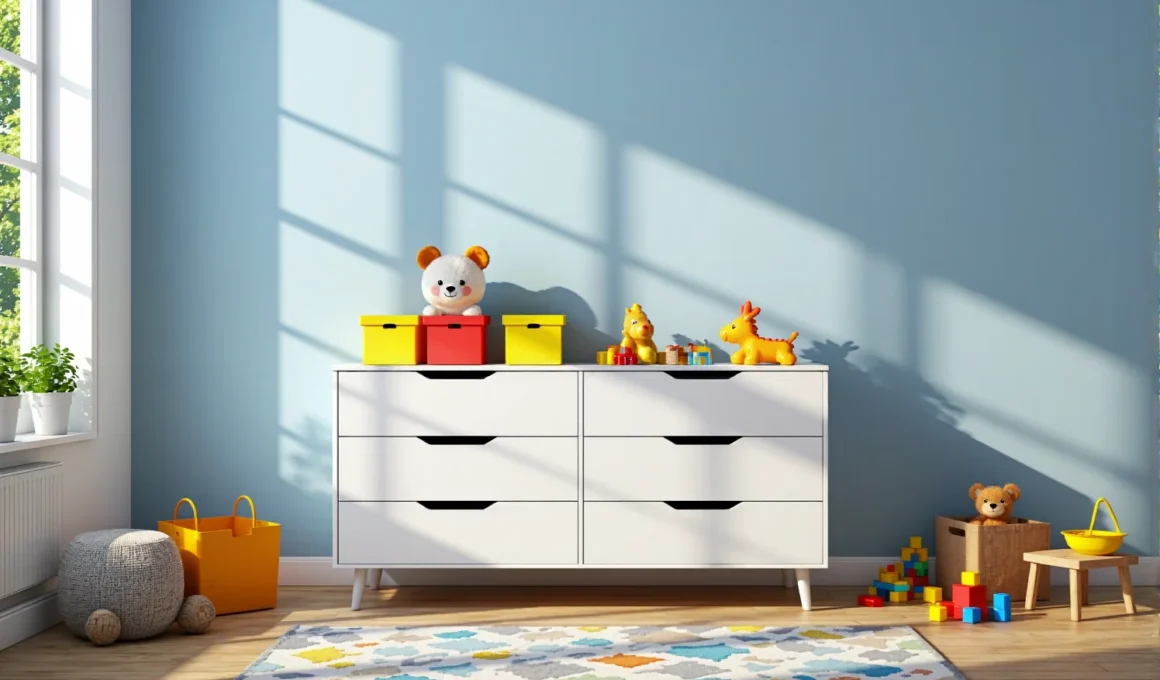 Biała komoda dziecięca z sześcioma szufladami na drewnianych nóżkach