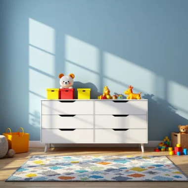 Biała komoda dziecięca z sześcioma szufladami na drewnianych nóżkach