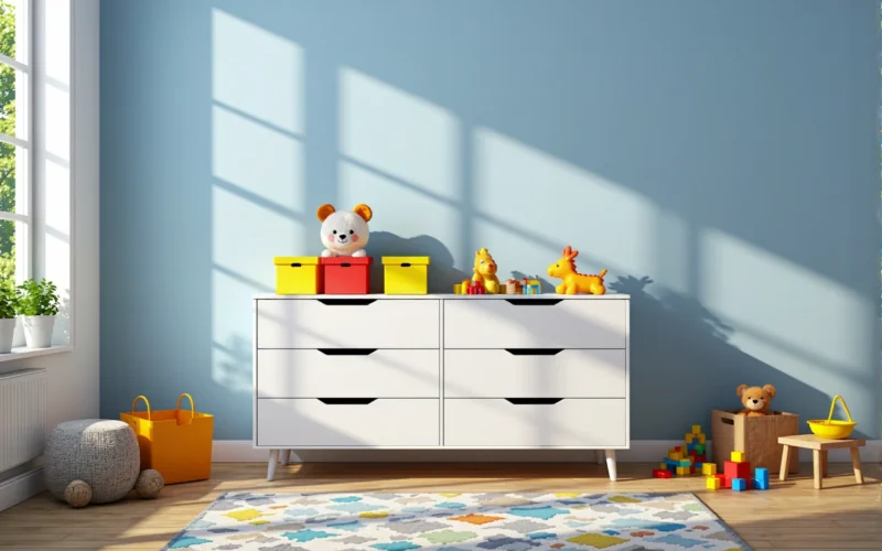 Biała komoda dziecięca z sześcioma szufladami na drewnianych nóżkach