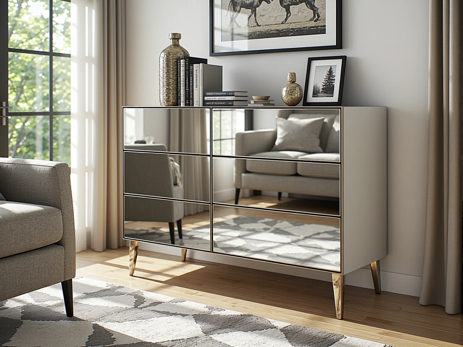 Nowoczesna komoda glamour z lustrami i złotymi elementami jako centralny punkt pokoju.