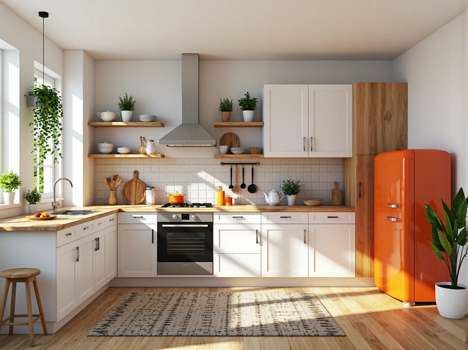 Białe meble kuchenne z drewnianym blatem i chromowanymi uchwytami