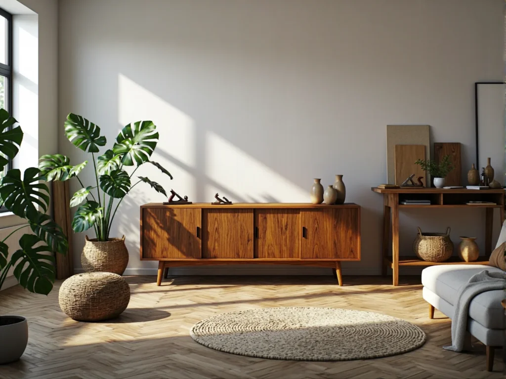 Drewniana komoda w stylu retro z trzema drzwiczkami na skośnych nóżkach