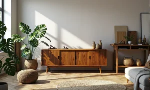 Drewniana komoda w stylu retro z trzema drzwiczkami na skośnych nóżkach