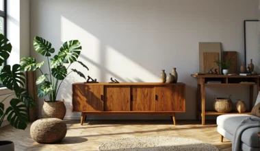 Drewniana komoda w stylu retro z trzema drzwiczkami na skośnych nóżkach