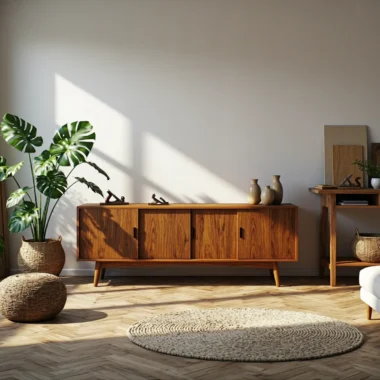 Drewniana komoda w stylu retro z trzema drzwiczkami na skośnych nóżkach