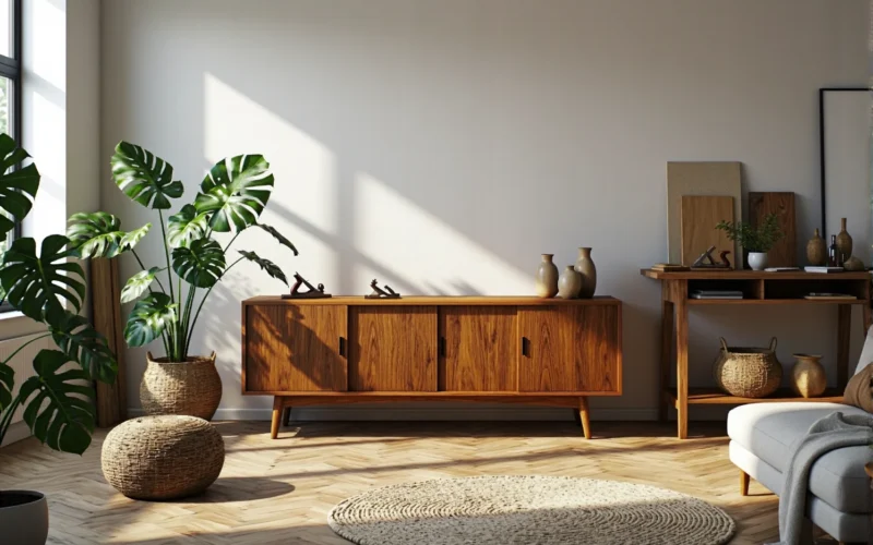 Drewniana komoda w stylu retro z trzema drzwiczkami na skośnych nóżkach