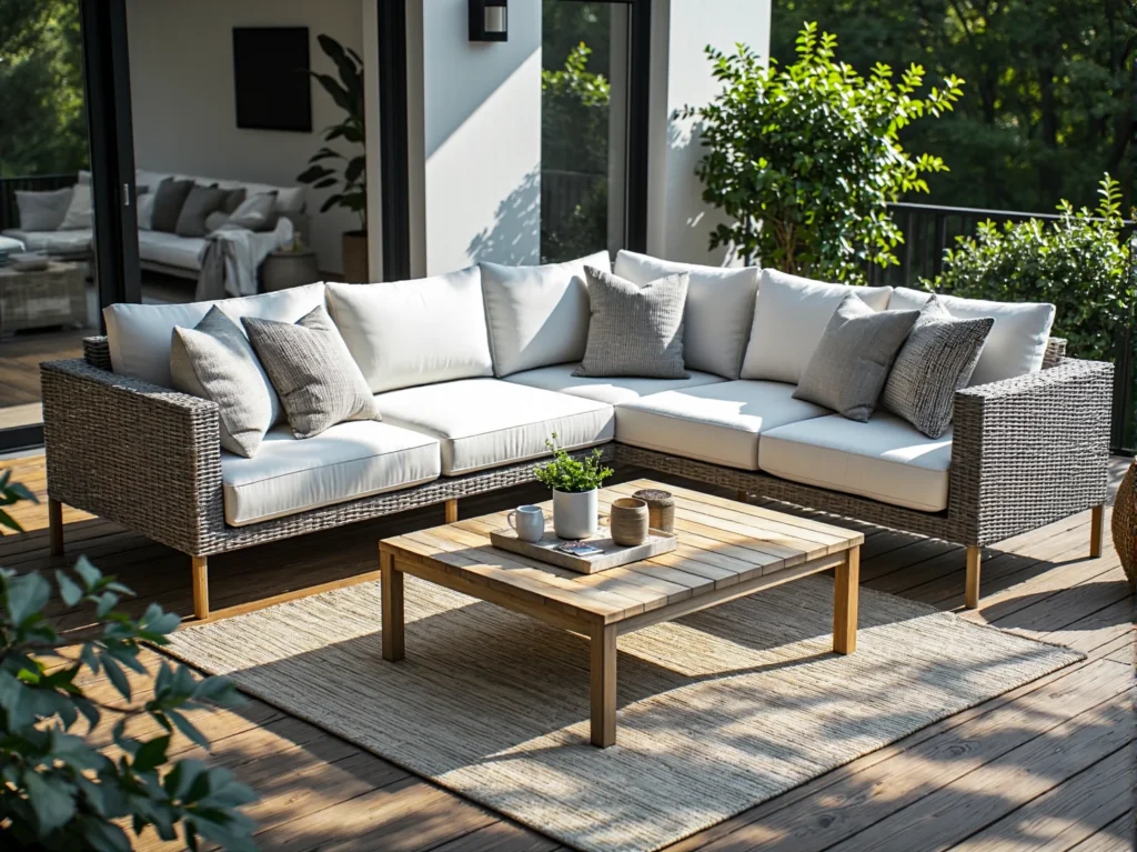 Narożna sofa ogrodowa z rattanu z białymi poduszkami