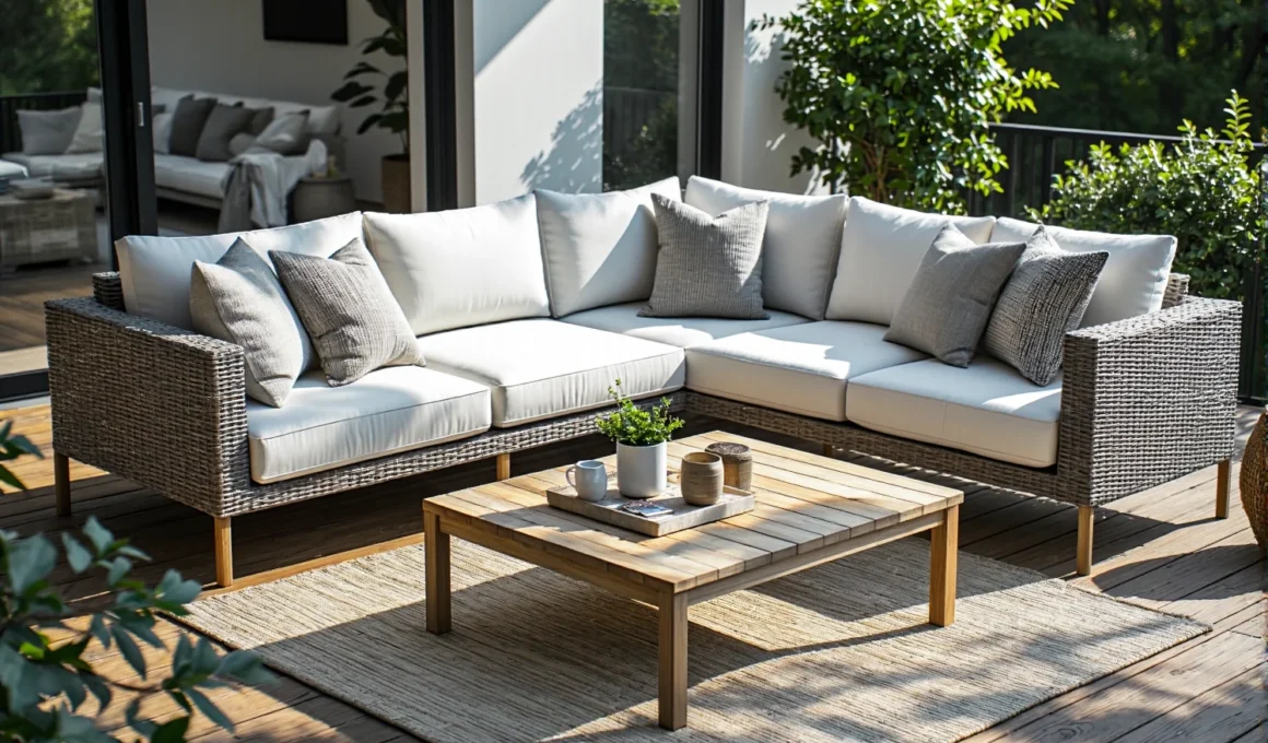 Narożna sofa ogrodowa z rattanu z białymi poduszkami