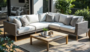 Narożna sofa ogrodowa z rattanu z białymi poduszkami