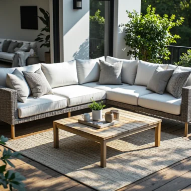 Narożna sofa ogrodowa z rattanu z białymi poduszkami