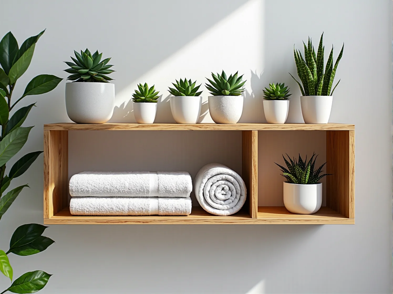 Białe regały modułowe w łazience idealne do przechowywania akcesoriów i ręczników.