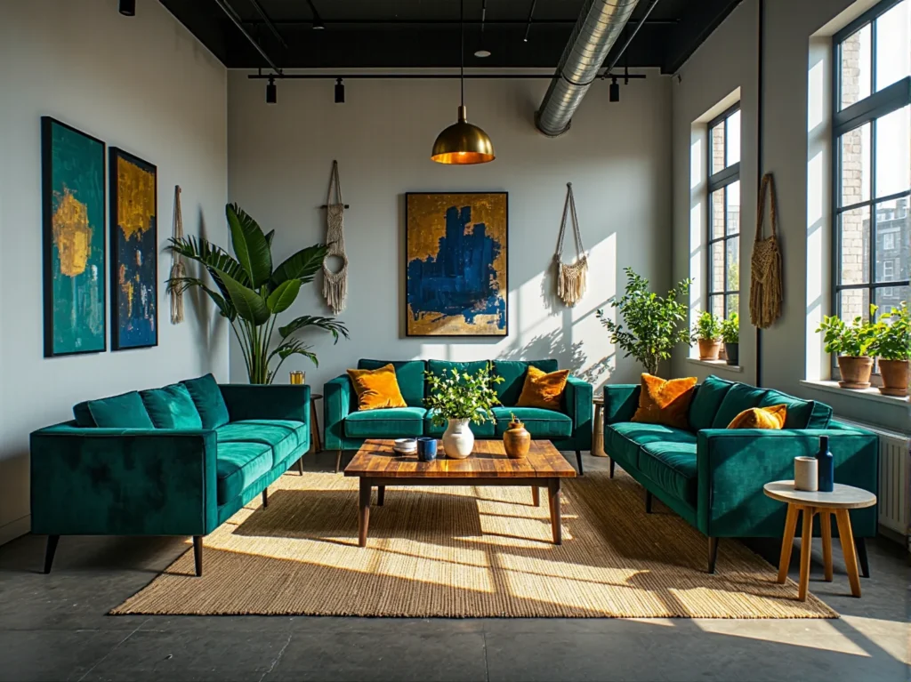 Zestaw wypoczynkowy szmaragdowy z aksamitu na drewnianych nogach