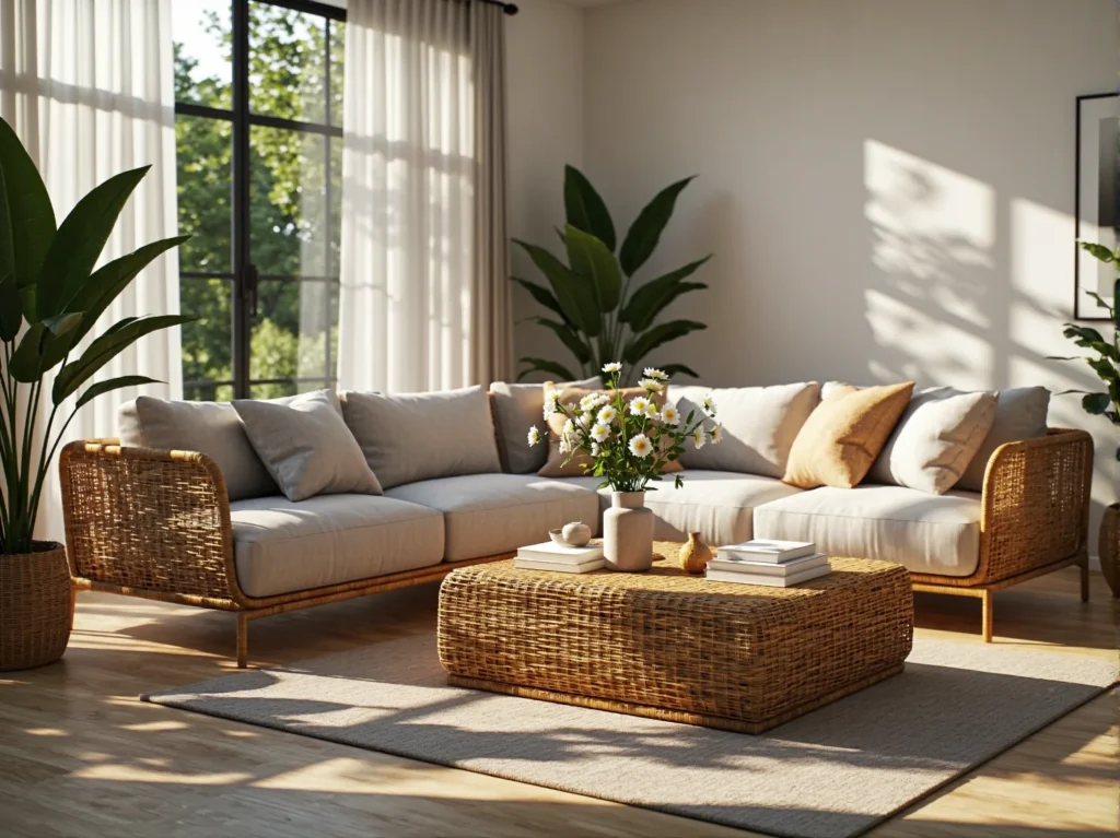 Narożna sofa rattanowa z jasnoszarymi poduszkami i stolik kawowy