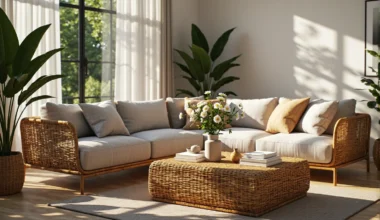 Narożna sofa rattanowa z jasnoszarymi poduszkami i stolik kawowy