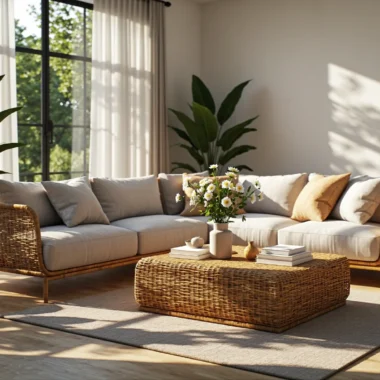 Narożna sofa rattanowa z jasnoszarymi poduszkami i stolik kawowy