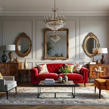 Elegancka czerwona sofa pikowana Chesterfield w stylu glamour