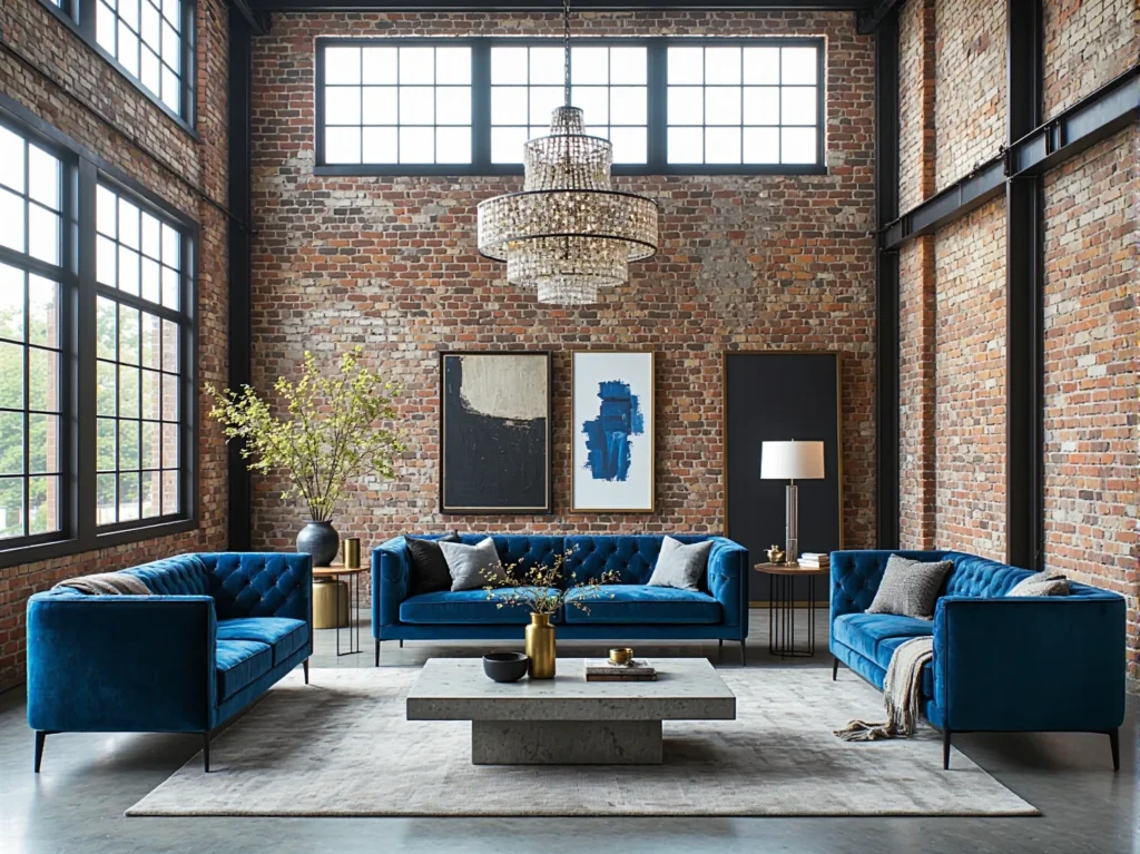 Komplet wypoczynkowy niebieski welurowy sofa i dwa fotele pikowane