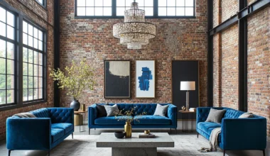 Komplet wypoczynkowy niebieski welurowy sofa i dwa fotele pikowane