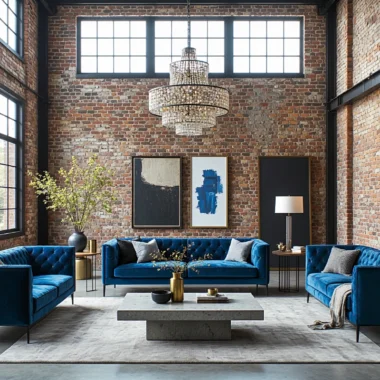 Komplet wypoczynkowy niebieski welurowy sofa i dwa fotele pikowane