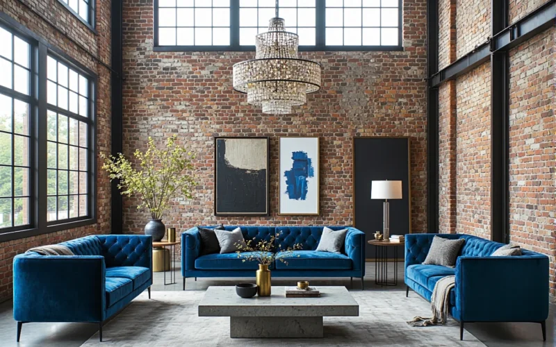 Komplet wypoczynkowy niebieski welurowy sofa i dwa fotele pikowane