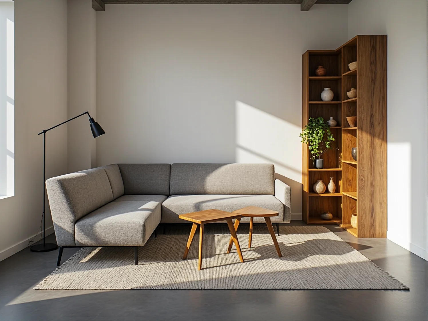 Skandynawska strefa relaksu w biurze z wygodną sofą i naturalnymi dodatkami.