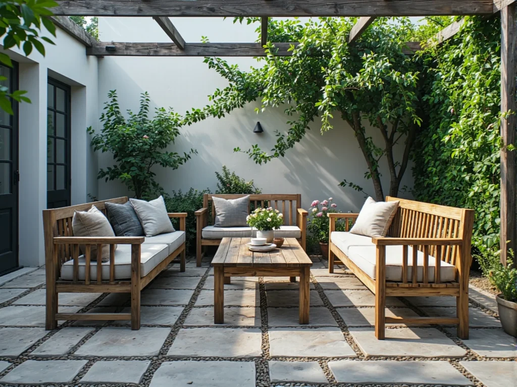 Drewniany zestaw mebli ogrodowych z sofą ławką i stolikiem kawowym