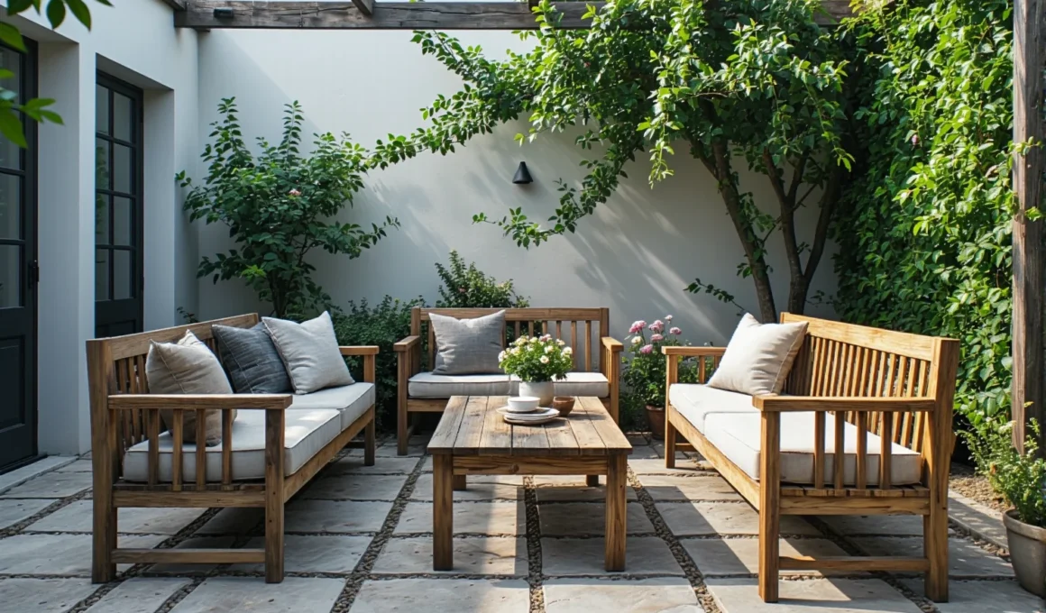 Drewniany zestaw mebli ogrodowych z sofą ławką i stolikiem kawowym