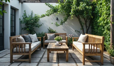 Drewniany zestaw mebli ogrodowych z sofą ławką i stolikiem kawowym