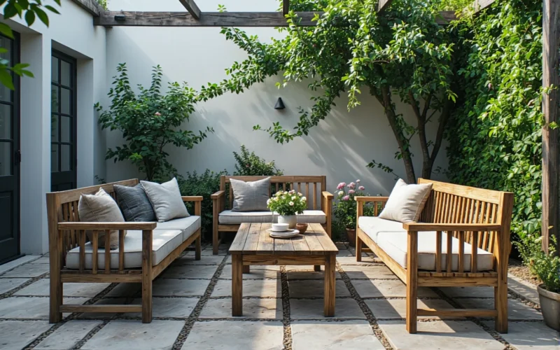 Drewniany zestaw mebli ogrodowych z sofą ławką i stolikiem kawowym