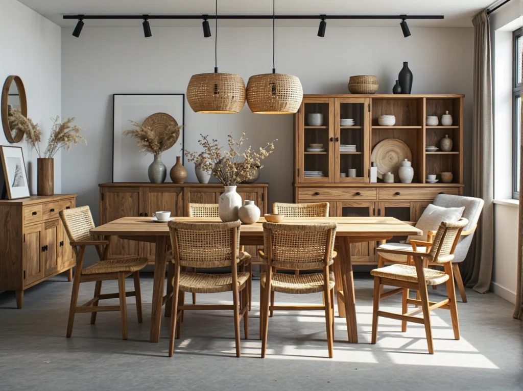 Drewniany stół jadalniany dąb z krzesłami plecionymi rattanowymi