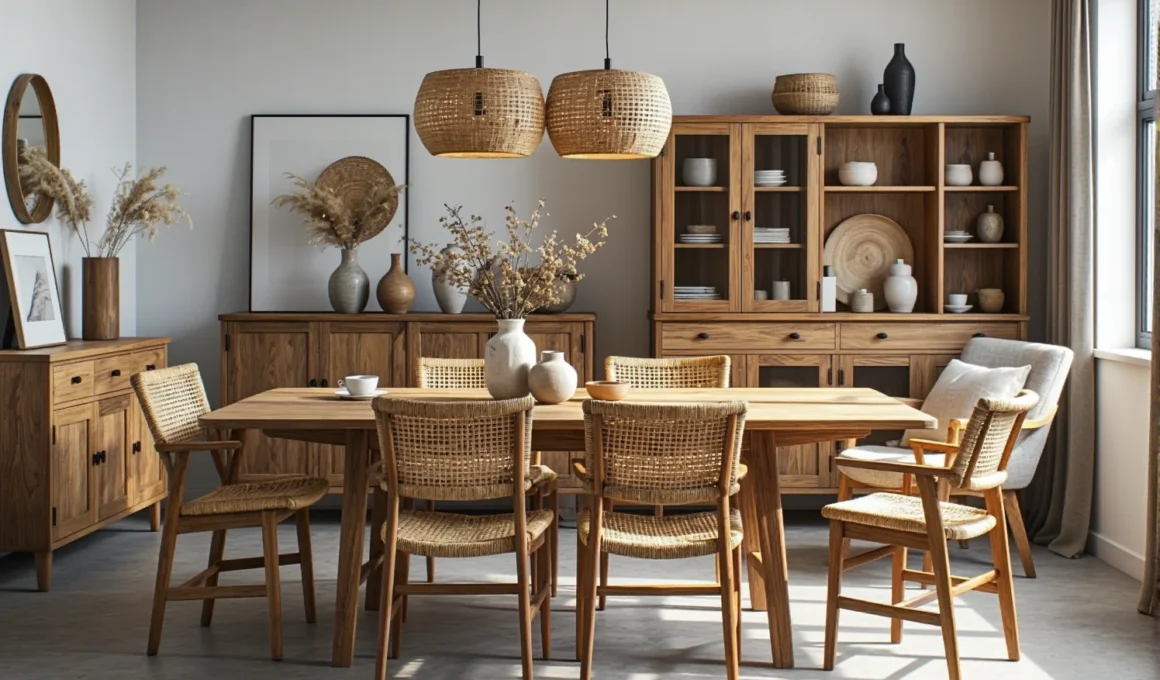 Drewniany stół jadalniany dąb z krzesłami plecionymi rattanowymi