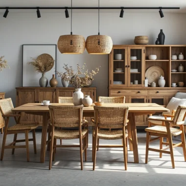 Drewniany stół jadalniany dąb z krzesłami plecionymi rattanowymi