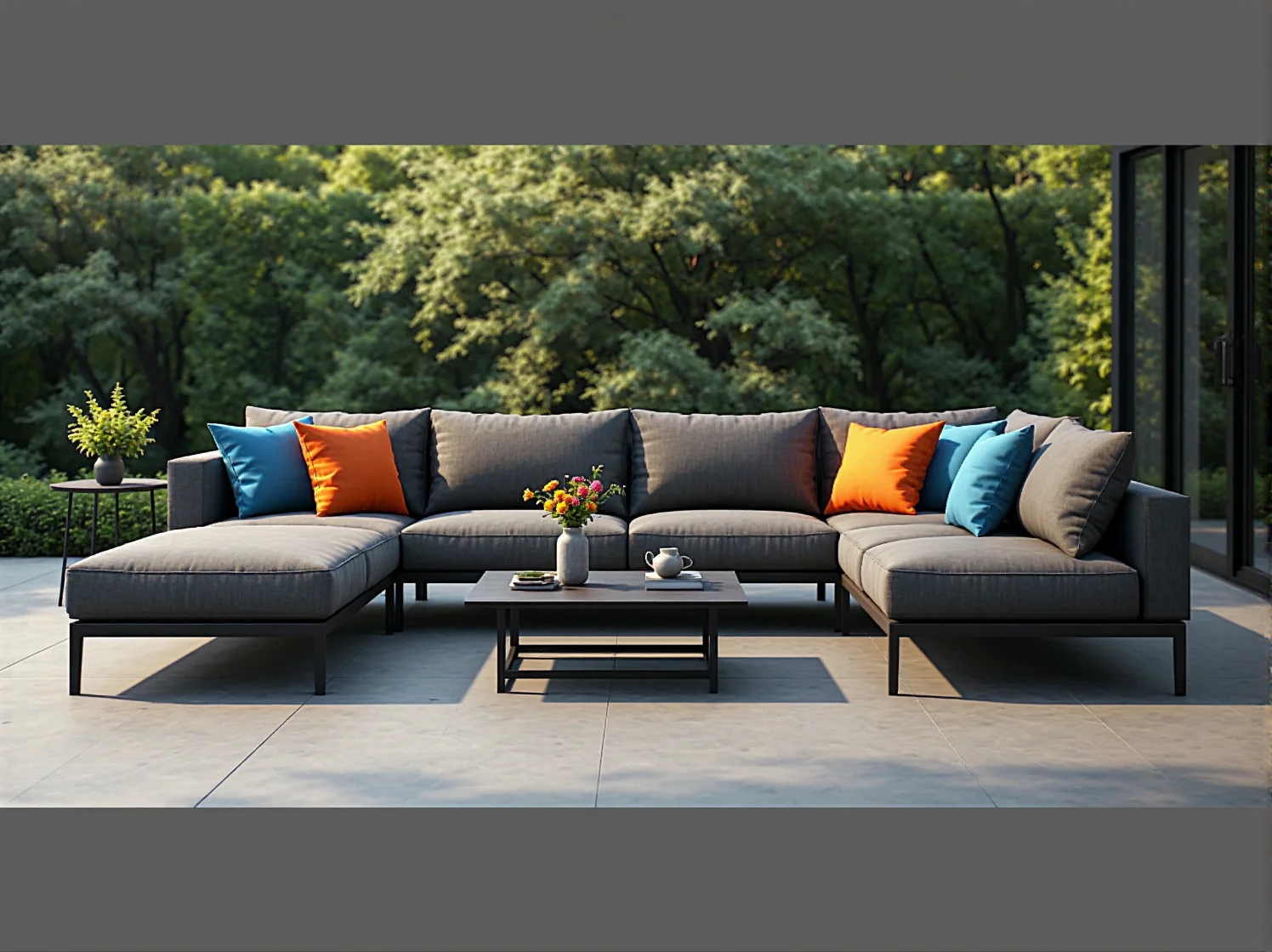 Minimalistyczna sofa ogrodowa na aluminiowej ramie – trendy outdoor 2025.