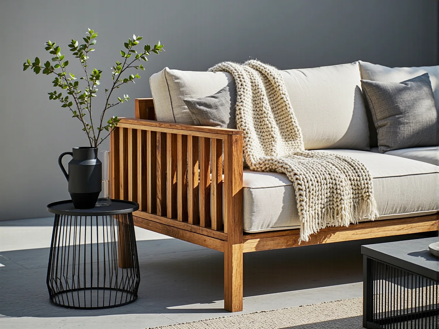 Sofa ogrodowa wykonana z materiałów odpornych na zmienne warunki pogodowe.