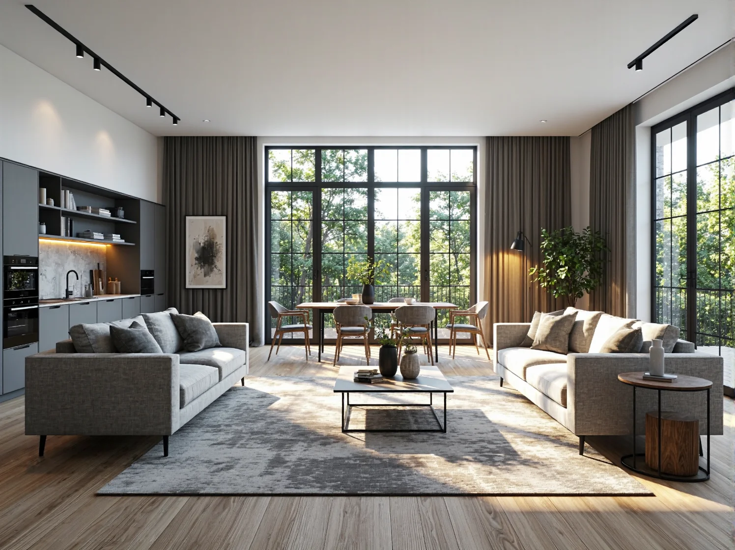 Minimalistyczna aranżacja salonu z kuchnią zachowująca spójność kolorystyczną i materiałową.