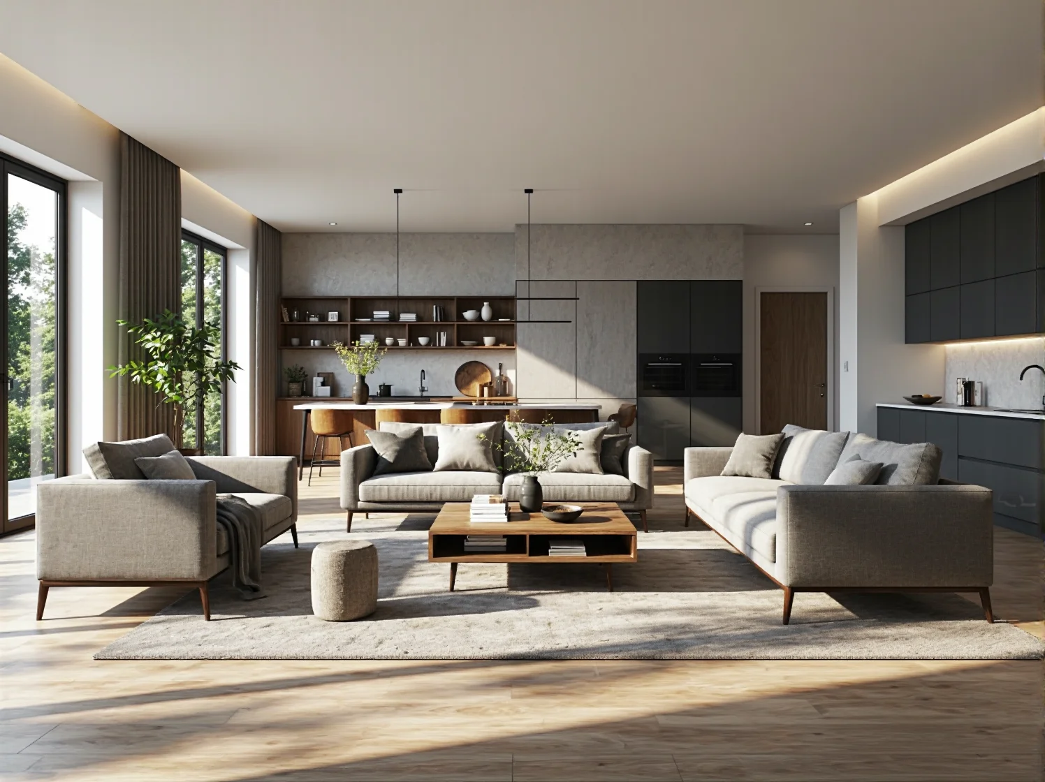 Podział na strefy w otwartym salonie za pomocą dywanu i odpowiedniego ustawienia mebli.